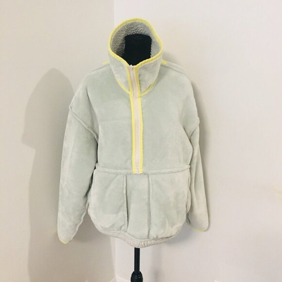 ANTHROPOLOGIE Janey Gray/Blue Neon Yellow Teddy Fuzzy Pullover Fleece Large - Picture 5 of 14